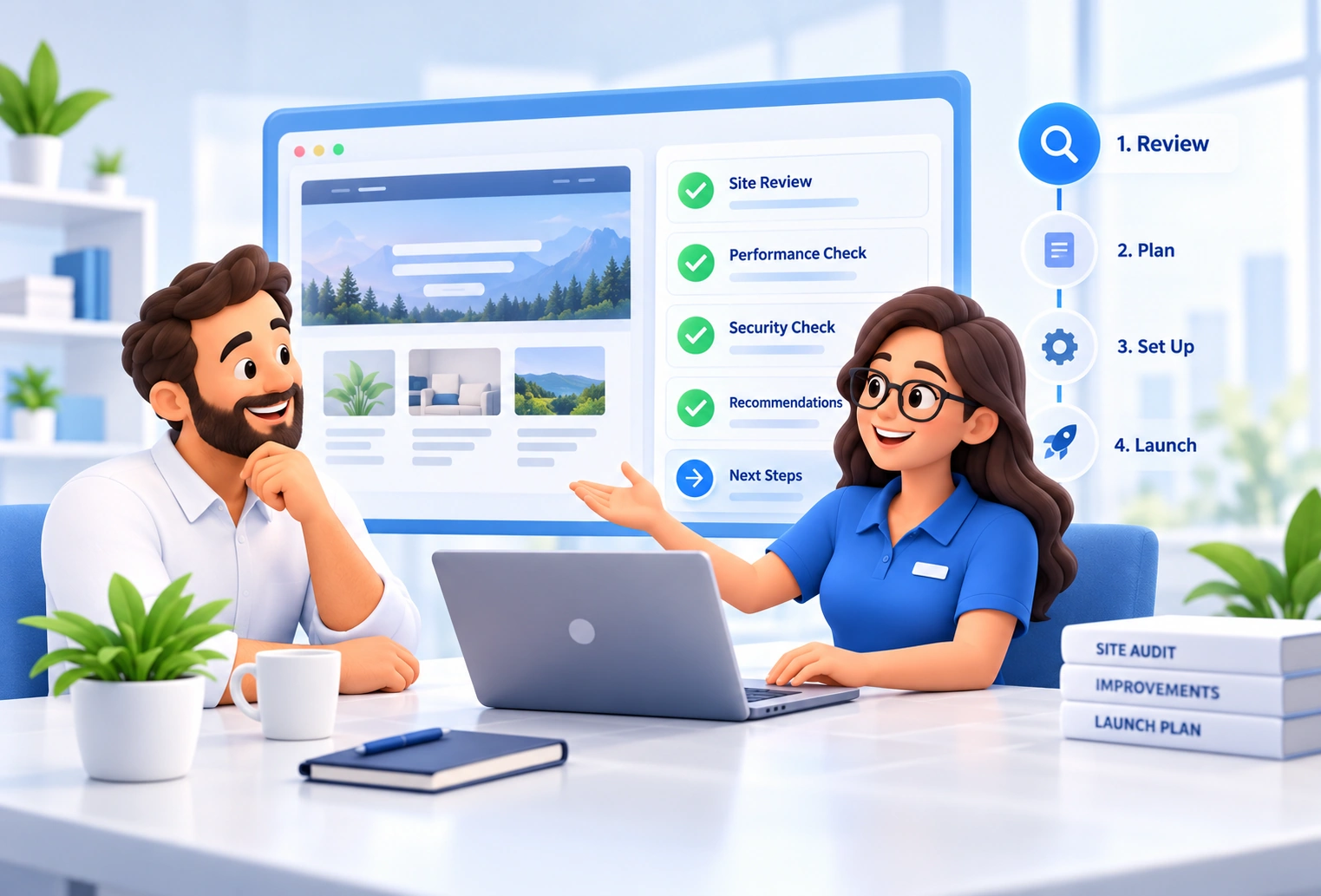 A client and SupportForWP guide reviewing a website onboarding plan and next steps