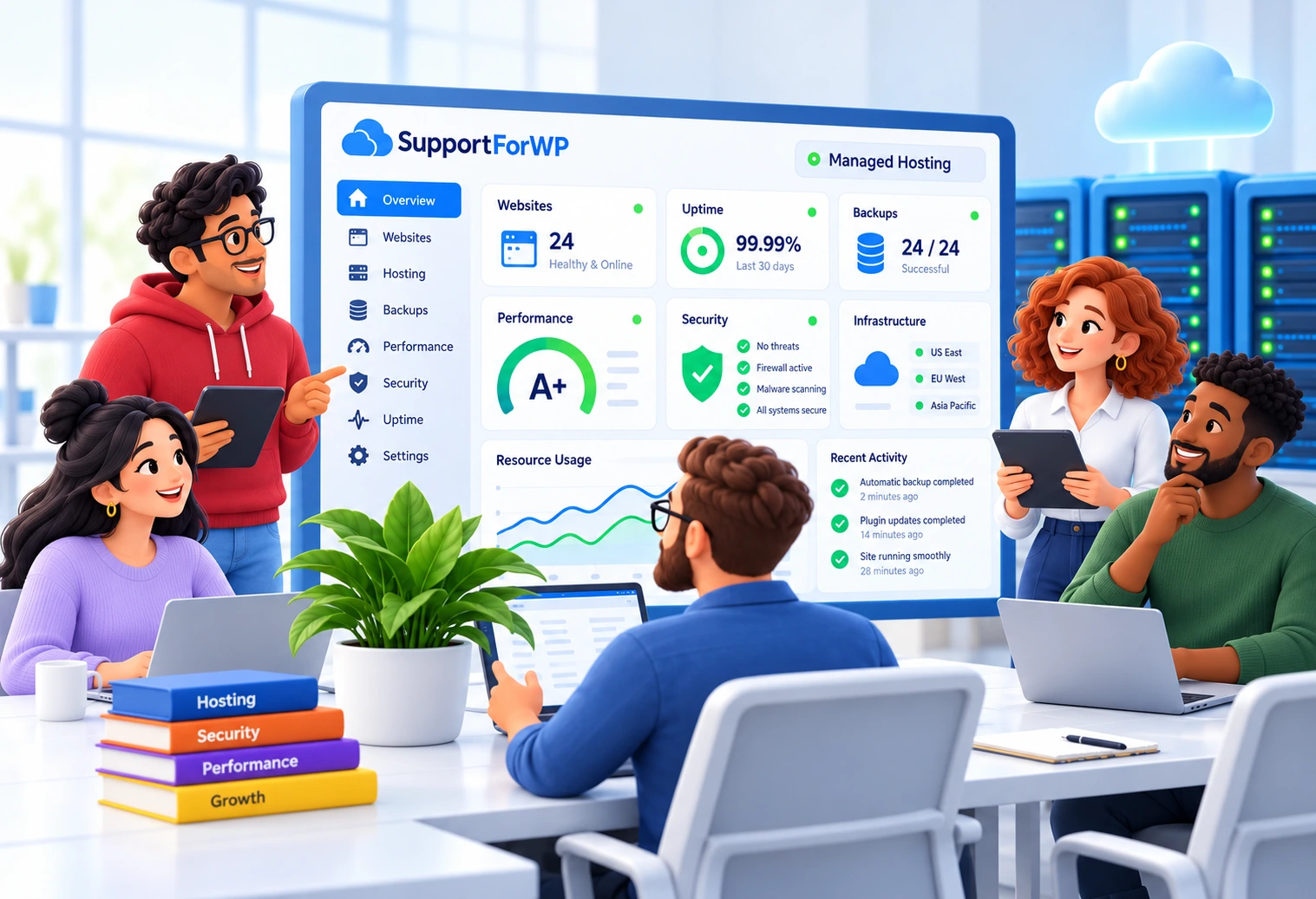 The four-step SupportForWP care process with a client and automated assistants.