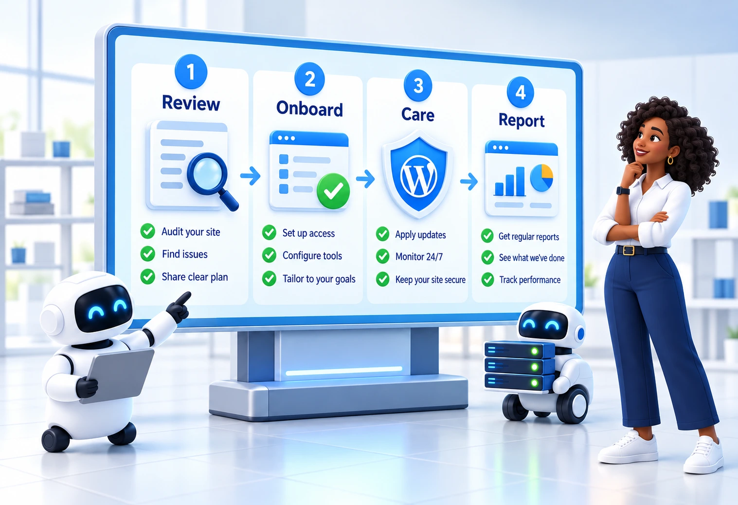 A client reviews a website dashboard with a SupportForWP specialist and an automated assistant.