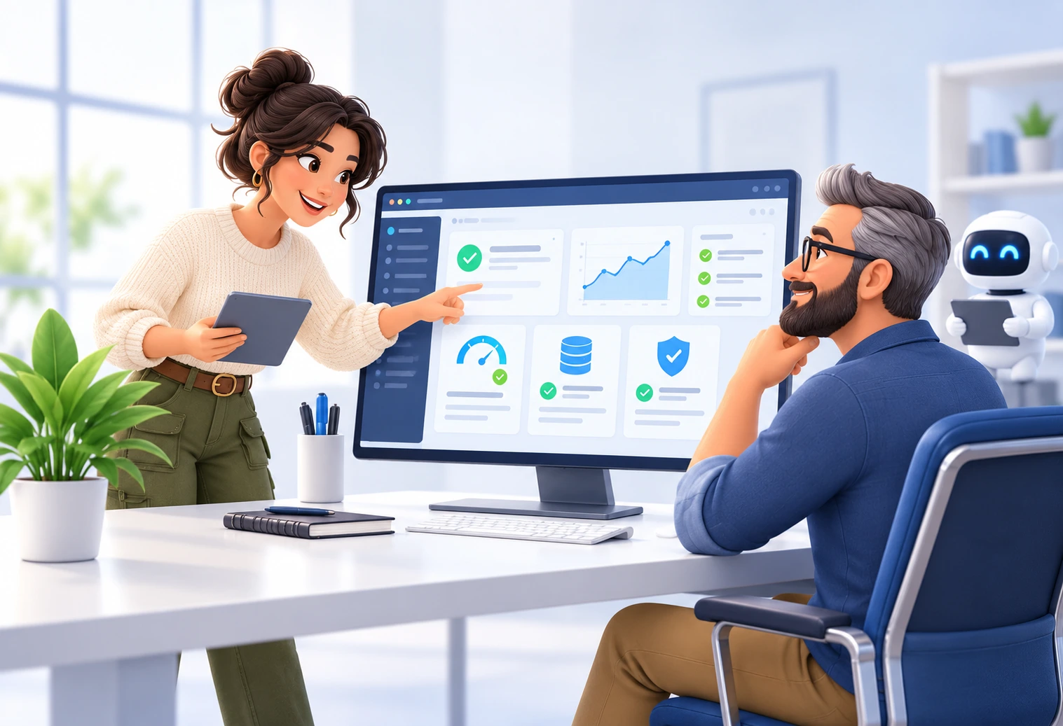 A team reviews a SupportForWP managed hosting dashboard in an office