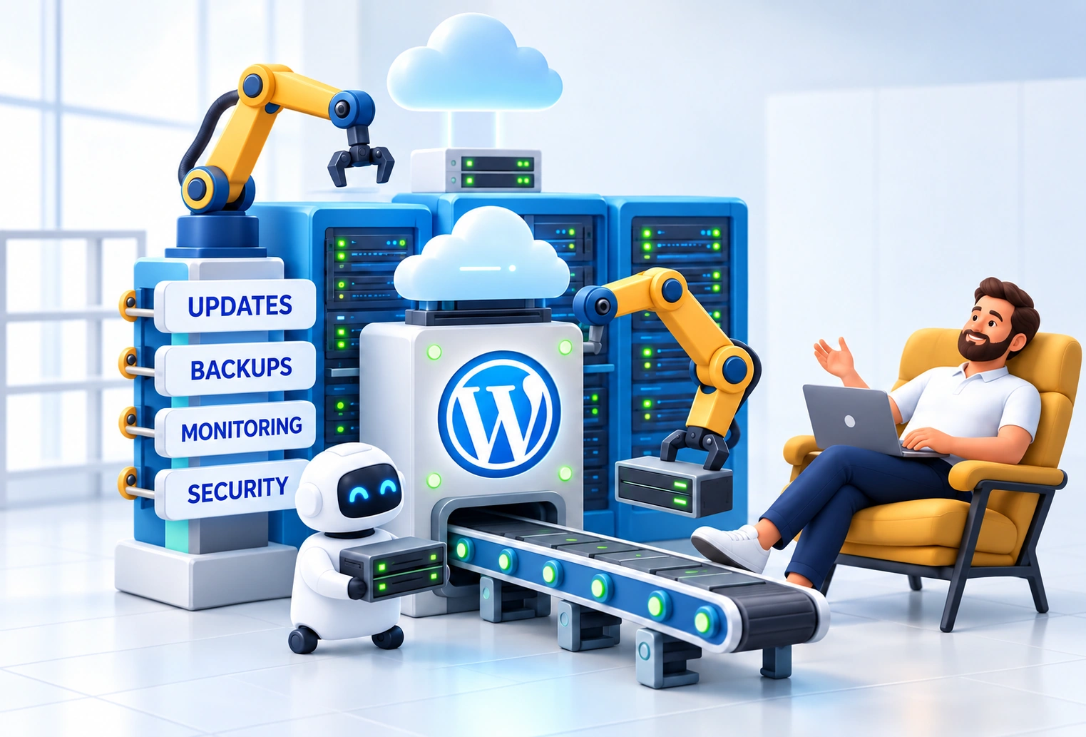Illustration of automated WordPress updates, backups, monitoring, and security.